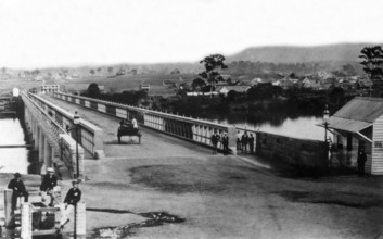 Crossing the first permanent Victoria Bridge, Brisbane, c1874. Creator: Unknown.