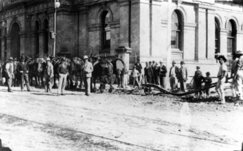 Workers ploughing Queen Street and Creek Street corner, Brisbane, Queensland, c1889. Creator: Unknown.