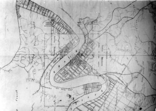 Aerial map of Brisbane showing North Brisbane, South Brisbane. Creator: Unknown.