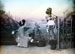 Japanese girls playing in a garden, 1880. Creator: Unknown.
