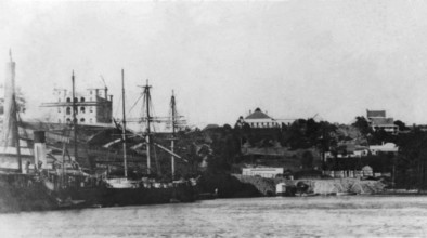 Ships moored at Circular Quay in the Brisbane River, 1884. Creator: Unknown.