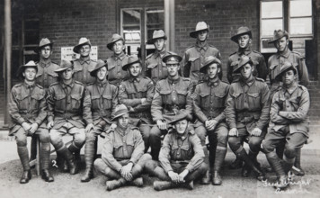 Postcard of unidentified group of soldiers, signed on the front by Fred Wright, Andover. Creator: Murphy.