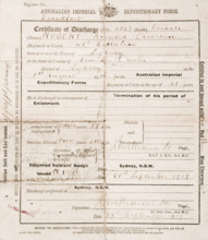 Certificate of discharge for Bernard Laurence 'Barney' Nugent, dated 28 September 1919. Creator: Murphy.
