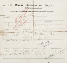 Certificate of discharge for Bernard Laurence 'Barney' Nugent from the Naval Expeditionary Force. Creator: Murphy.