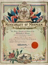 Certificate presented to Bernard Laurence 'Barney' Nugent from the Municipality of Mosman, July 1920 Creator: Murphy.