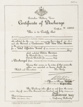 Bernard Laurence 'Barney' Nugent's Certificate of Discharge from the Citizen Military Forces, 1945. Creator: Murphy.