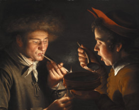 A Man Smoking and Another Man Eating by Candlelight, 1624. Creator: Willem Willemsz. van der Vliet.