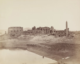 Temple of Karnak from the Sacred Lake. Luxor, East Bank, between 1860 and 1903. Creator: Antonio Beato.