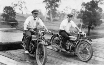 Jack Bain (right in image) and another man on Harlin Bridge, 1926. Creator: Jack Bain.