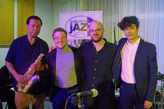 Joan Fort Trio plus Vincent Herring, Watermill Jazz Club, Dorking, Surrey, 20 May 2025. Creator: Brian O'Connor.
