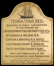 Terra Nova bed plaque, Hamadryad Hospital, Cardiff, c1910s. Creator: Unknown.