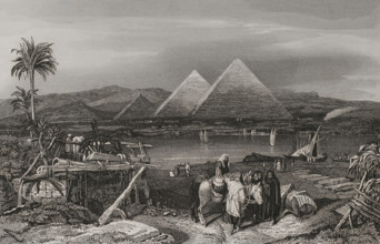 Pyramids from the banks of the Nile, Egypt, 1840.  Creator: Émile Rouargue.
