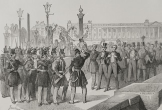 Students on the Pont de la Concorde in front of the troops, French Revolution of 1848, Paris, 1856.  Creator: Dujardin.