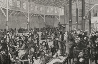 Mormon emigrants at Castle Garden, New York, USA, 1878. Creator: Andrés Ovejero.