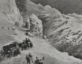 Driving the mail wagon pulled by horses during a snowstorm, Puerto de Pajares, Spain, 1878.  Creator: Bernardo Rico.