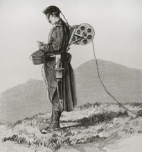Telegraphist engineer receiving and transmitting dispatches during the march, in the Army..., 1878. Creator: Bernardo Rico.