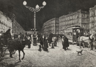 The Puerta del Sol (Gate of the Sun) illuminated by electric light, Madrid, Spain, 1878. Creators: Arturo Carretero y Sánchez, Josep Lluís Pellicer Feñé.