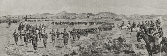 Parade of the troops after the review at Campos de Antezana (Antezana Fields), in the..., 1878. Creators: Bernardo Rico, Domingo Munoz.