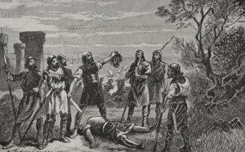 Assassination of the Aragonese knight Garci Gómez de Palacín...early 14th century (1890). Creator: Joan Serra y Pausas.