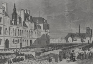 Barricades and artillery park of the Communards, Place de l'Hôtel de Ville, Paris Commune, 1871. Creator: Enrique Laporta Valor.