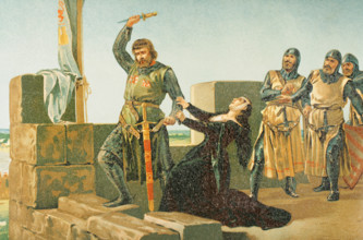 Guzmán the Good throws his dagger at the Muslims during the siege of Tarifa in 1296, 1890.  Creator: Unknown.