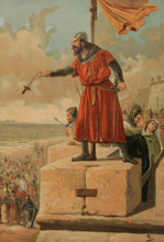 Guzmán the Good throws his dagger at the Muslims during the siege of Tarifa in 1296, 1890.  Creator: Unknown.