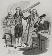Janssen and his lenses, Galileo and his glasses, Newton and Herschel with their telescopes, 1856.  Creator: Paul Perrichon.