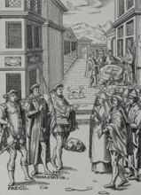 The town crier blowing his trumpet and the auctioneer, the public official in..., 1557, (1878).  Creator: Unknown.