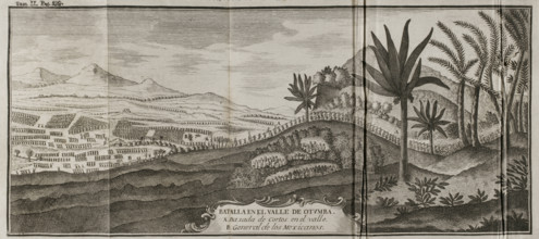 Battle of Otumba, (7th July 7, 1520): Cortés' forces descending into the valley where the... 1771.  Creator: Unknown.