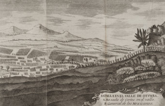 Battle of Otumba, (7th July 7, 1520): Cortés' forces descending into the valley where the... 1771.  Creator: Unknown.