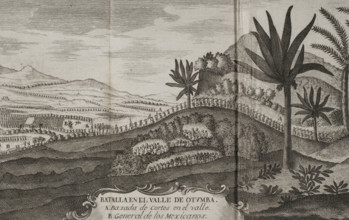 Battle of Otumba, (7th July 7, 1520): Cortés' forces descending into the valley where the... 1771.  Creator: Unknown.