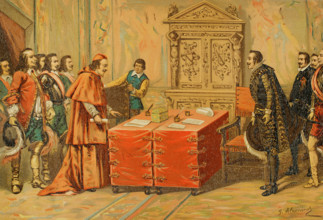 Conferences on Pheasant Island held between Luis Méndez de Haro...and Cardinal Mazarin...1890.  Creator: Juan Alaminos.