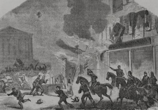 Paris Commune: Arsonist firefighters surprised by Versailles troops, 1871.  Creators: Tomás Carlos Capuz, Miranda.