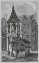 Pillory at Les Halles, Paris, France, 1670, (1878).  Creators: Jules Jean Marie Joseph Huyot, Anon.