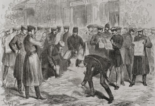 Siege of Paris, (19 Sep 1870 to 28 Jan 1871): Fall of a mail balloon within German lines, 1871.  Creator: Tomás Carlos Capuz.