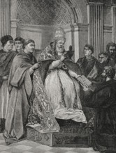 Pope Gregory IX, (1170-1241) receiving the Decretals compiled by Saint Raymond of Peñafort, 1877.  Creator: Jules Jean Marie Joseph Huyot.