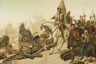 Destruction of the fleet - burning of their ships, Aztec Empire, 1890.  Creator: Juan Alaminos.