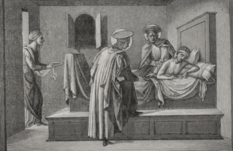 St Cosmas and St Damian visiting a sick person and administering aid, 1877.  Creator: Jules Jean Marie Joseph Huyot.