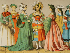 Women's dresses from different social classes, German, 1500-1550, (1881).  Creator: Unknown.