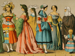 Women's dresses from different social classes, German, 1500-1550, (1881).  Creator: Unknown.