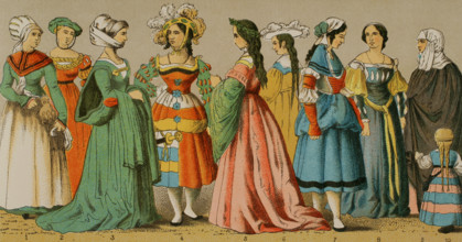 Women's dresses from different social classes, German, 1500-1550, (1881).  Creator: Unknown.