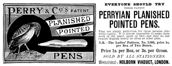 Advertisement for Perryian Planished Pointed Pens, 1890. Creator: Unknown.