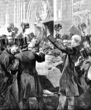 Scene in the Lobby, House of Commons: distributing Report of the Parnell Inquiry Commission, 1890. Creator: P Naumann.