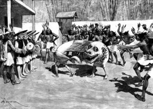 Sketches in the island of Formosa: quaint performance at a savage entertainment, 1890. Creator: F. P..