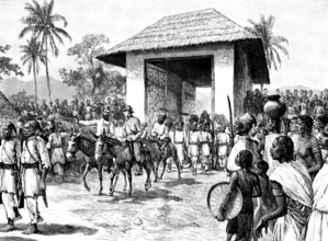 Stanley’s Emin Pasha Relief Expedition: entry of Emin Pasha and Mr. Jephson into Dufilé..., 1890. Creator: Unknown.