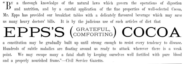 Advertisement for Epps’s (Grateful, Comforting) Cocoa, 1890. Creator: Unknown.
