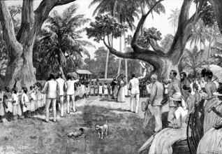Mr. Stanley...at Mombasa: native school-children...singing the National Anthem, 1890. Creator: P Naumann.