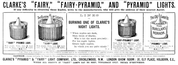 Advertisement for Clarke’s "Pyramid" & "Fairy" Light Company, 1890. Creator: Unknown.