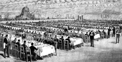 The Forth Bridge: Luncheon in the Model Room, 1890. Creator: P Naumann.