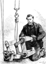 The Forth Bridge: hydraulic riveting machine...[used] by the Prince of Wales, 1890. Creator: P Naumann.